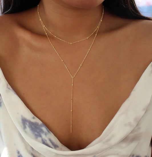 Collier Lariat Plaqué Or en Acier Inoxydable – Collier Fin Long à Goutte pour Femme