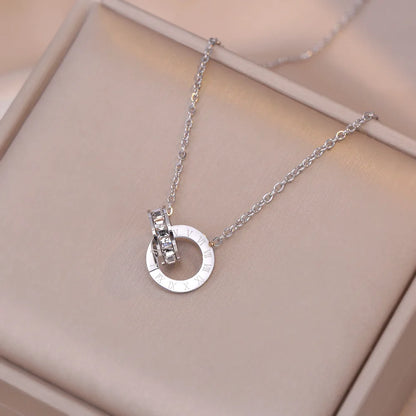 Collier Ras-du-Cou Cercle Cristal de Luxe – Pendentif Chiffres Romains en Acier Inoxydable Or & Argent