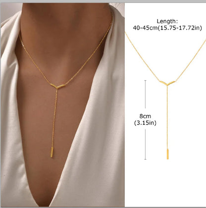 Collier Lariat Plaqué Or en Acier Inoxydable – Collier Fin Long à Goutte pour Femme