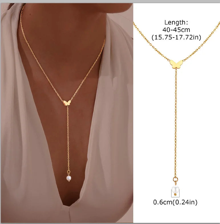 Collier Lariat Plaqué Or en Acier Inoxydable – Collier Fin Long à Goutte pour Femme