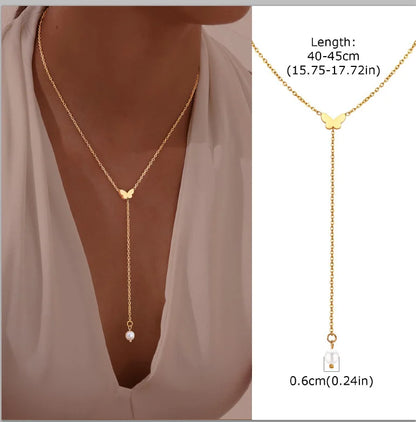 Collier Lariat Plaqué Or en Acier Inoxydable – Collier Fin Long à Goutte pour Femme