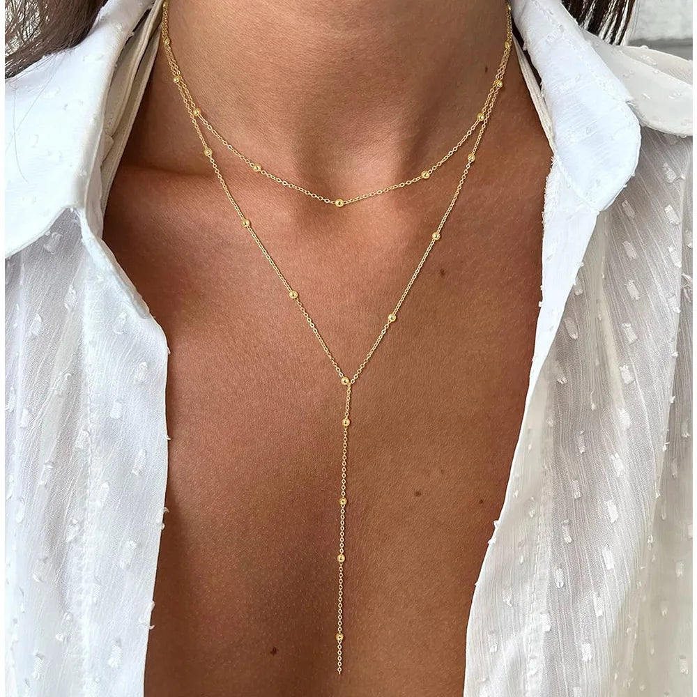 Collier Lariat Plaqué Or en Acier Inoxydable – Collier Fin Long à Goutte pour Femme