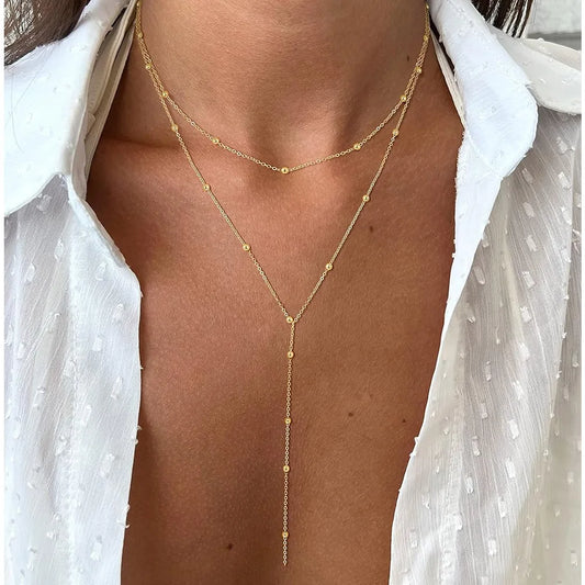 Collier Lariat Plaqué Or en Acier Inoxydable – Collier Fin Long à Goutte pour Femme