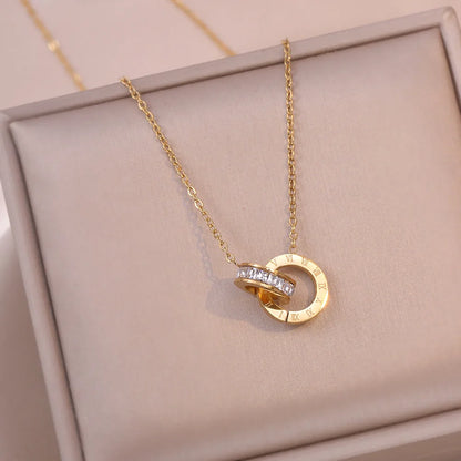 Collier Ras-du-Cou Cercle Cristal de Luxe – Pendentif Chiffres Romains en Acier Inoxydable Or & Argent